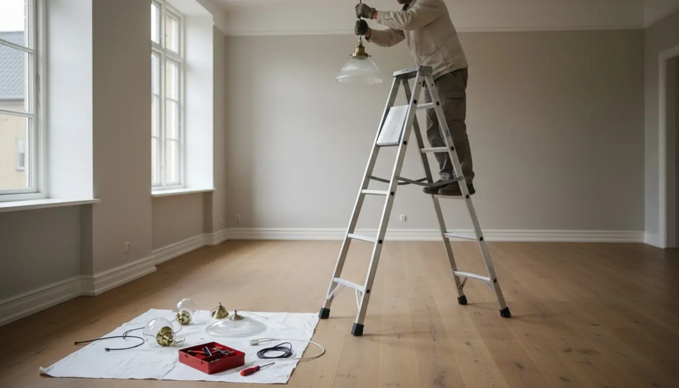 En person på en lang stige fjerner en hængelampe i en byhusstue, med flere lamper og værktøj på gulvet.