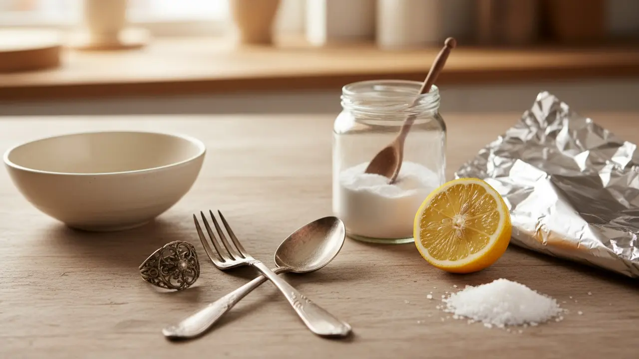 Anløbet sølvtøj og husholdningsmidler (bagepulver, citron, salt, folie) på et træbord.