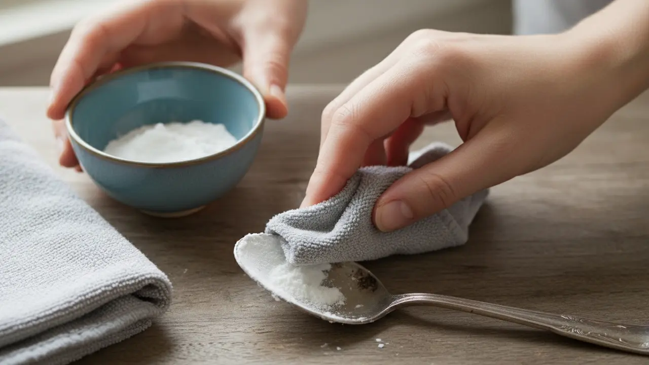 Nærbillede af hænder, der laver bagepulverpasta og polerer en sølveske.