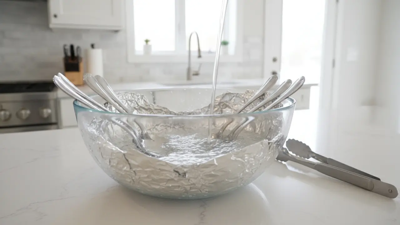 Skål beklædt med aluminiumsfolie med sølvtøj i varmt vand og små bobler.