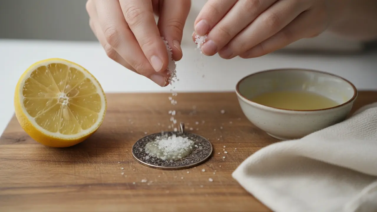 Citronsaft og salt påføres et anløbet sølvsmykke som en pasta.