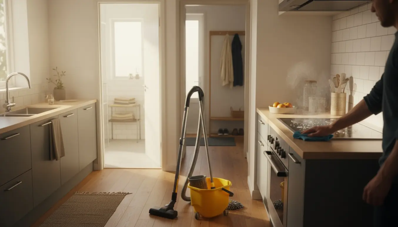 En person tørrer komfuret af i et lyst og ryddeligt bofællesskabskøkken med støvsuger, moppe og et nypudset badeværelse i baggrunden.