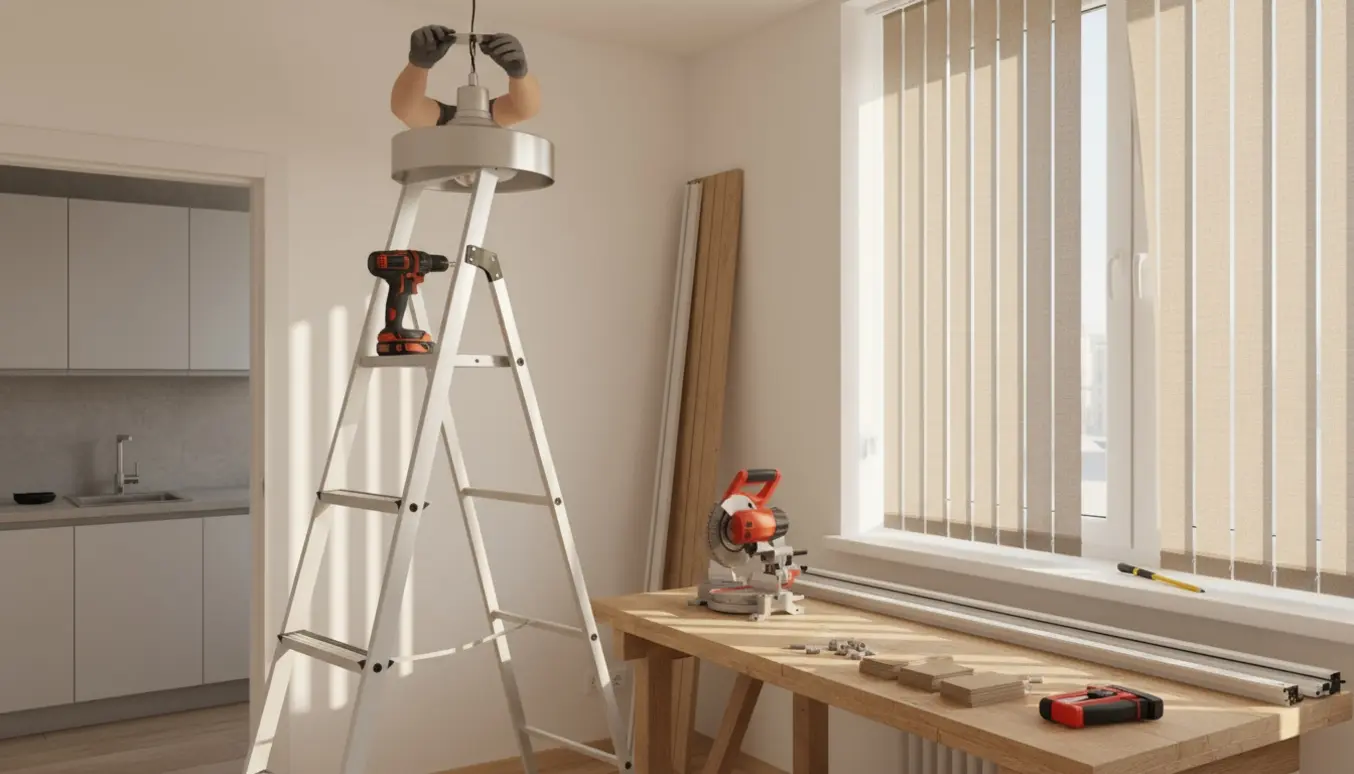 Hænder monterer en loftlampe ved en stige, med trimmede lamelgardiner og værktøj lagt klar i en lys lejlighed.