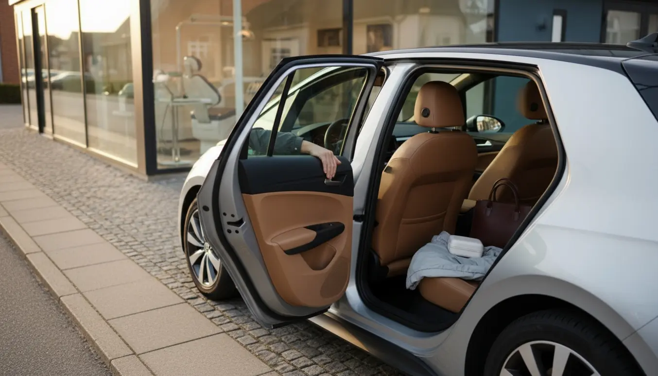 Bil parkeret foran tandteknikerklinik med åben dør og en lille tandproteseæske på bagsædet, klar til tur/retur.