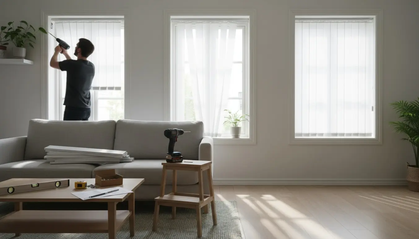 Person monterer tre lamelgardiner i en lille lejlighed med værktøj på et bord.