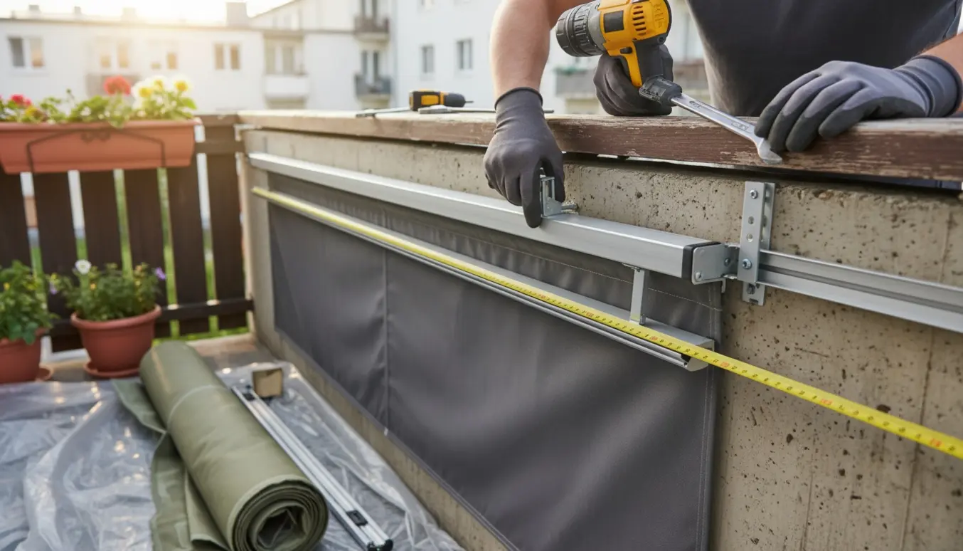 Ny markise monteres på en altan med værktøj og den gamle markise klar til bortskaffelse.