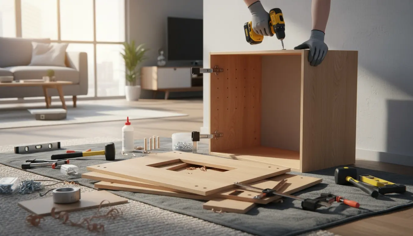 To træskabe bliver samlet i en lys stue med værktøj og hænder i arbejde.