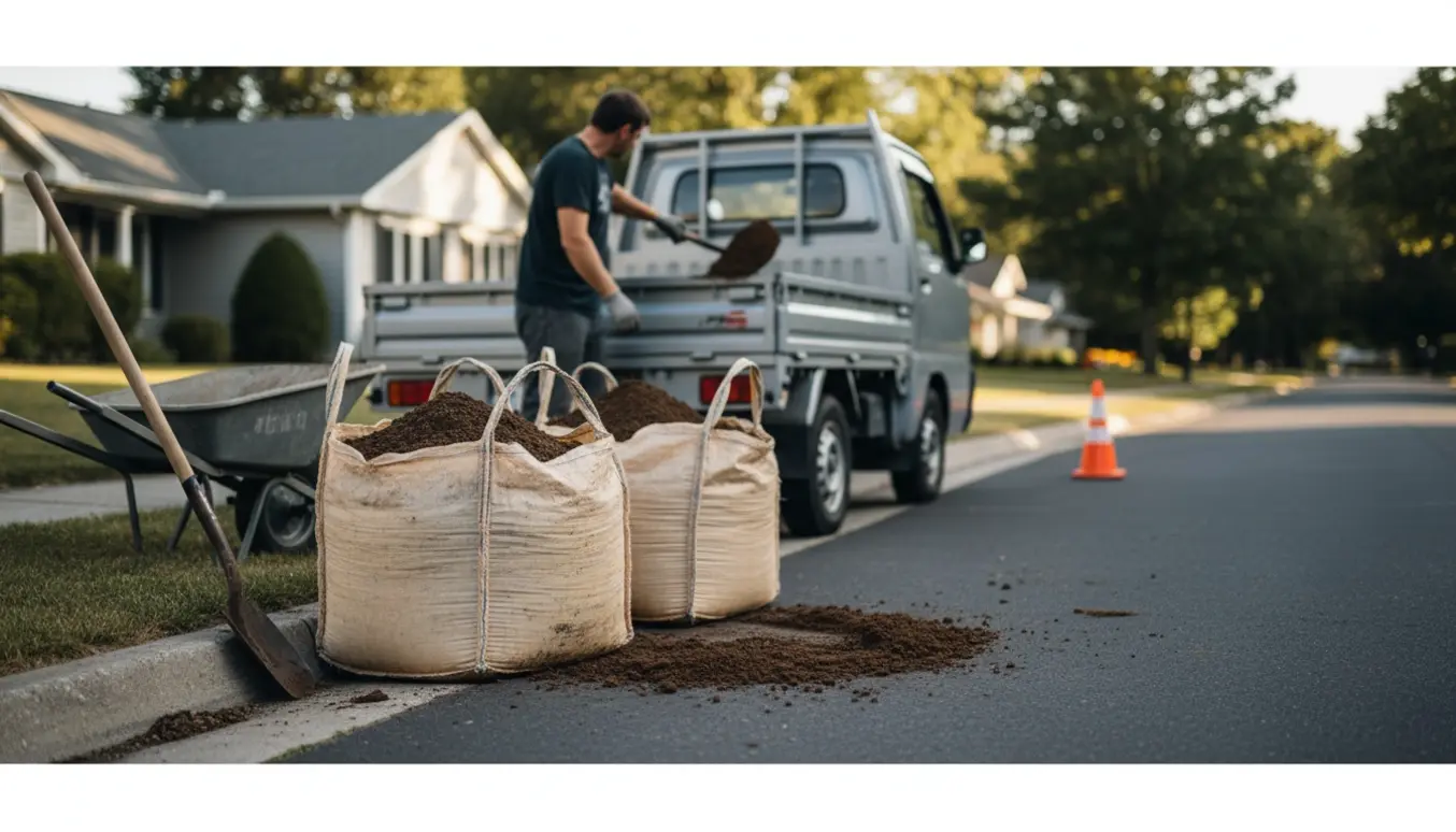 To store med jord ved vejkanten klar til afhentning, med skovl og en lille varebil i baggrunden.