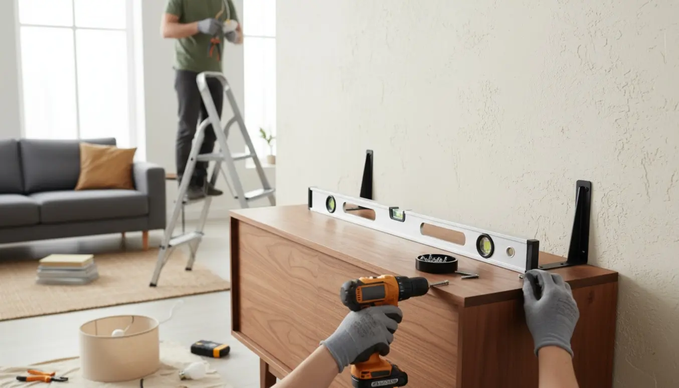 Hænder monterer en væghængt skænk i en lys stue, mens en loftslampe bliver sat op fra en stige.