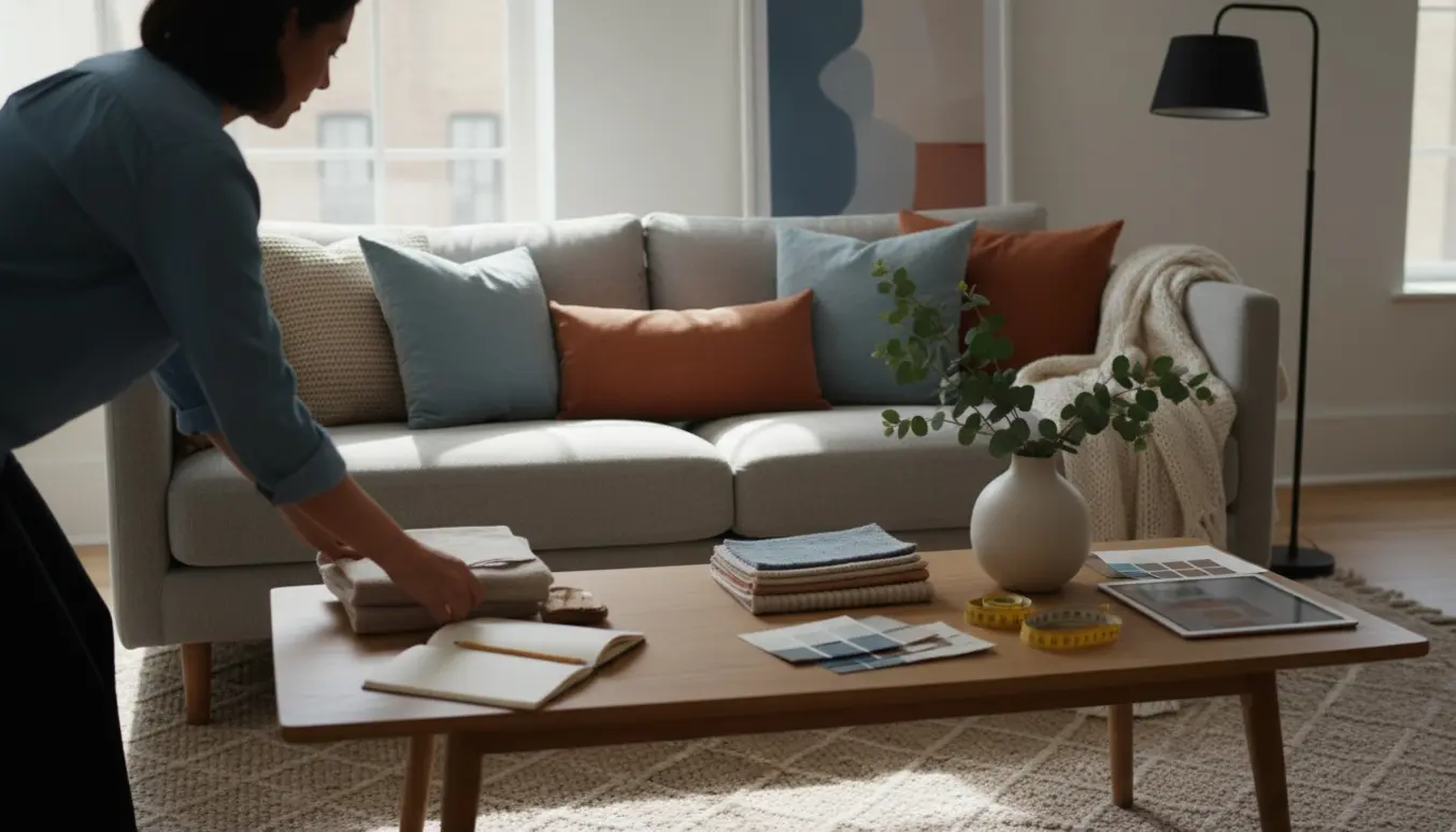 Hænder arrangerer puder og farveprøver i en lys, skandinavisk stue.