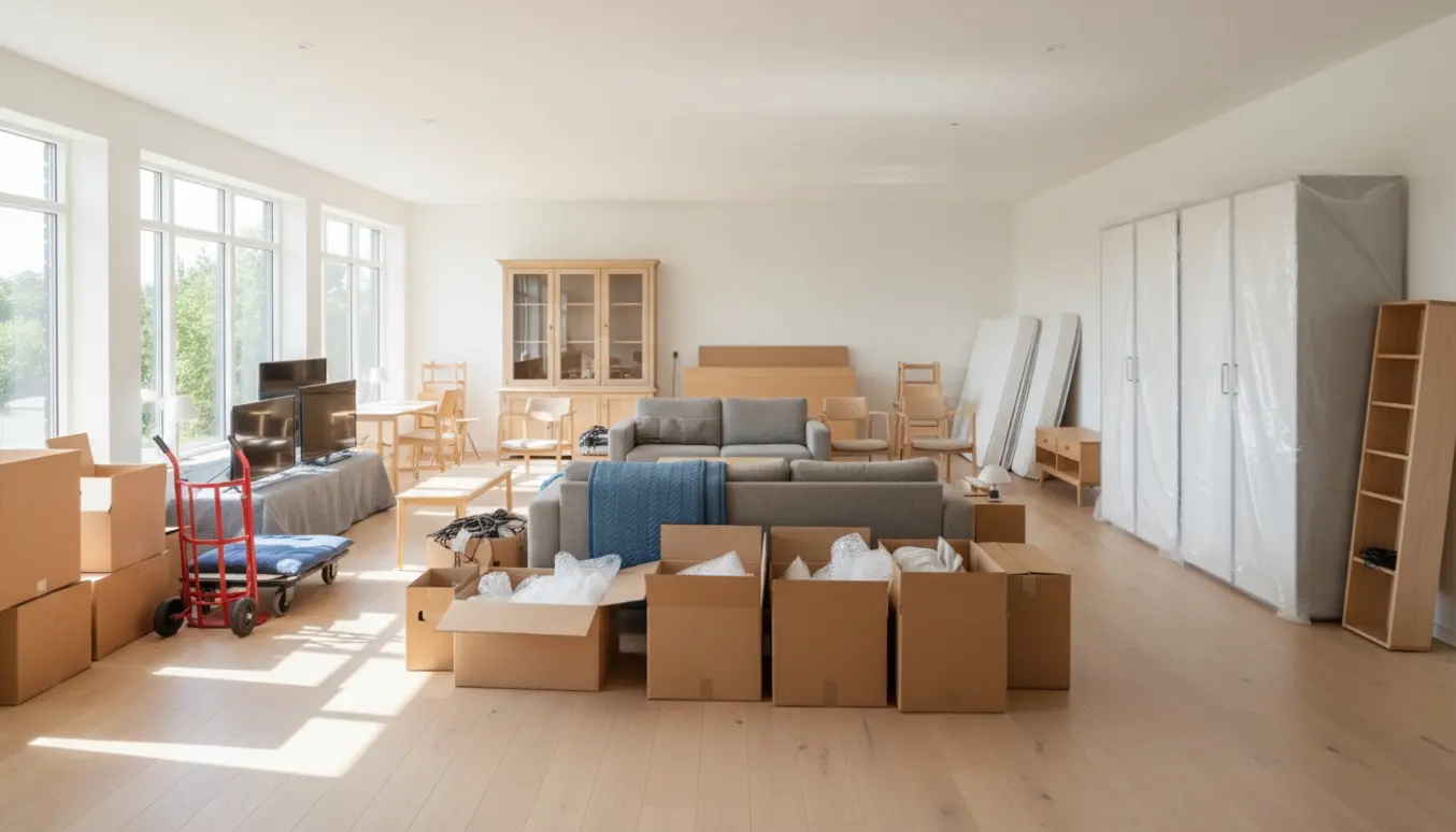 Lyst dansk rækkehusrum med stabler af flyttekasser, møbler og madrasser under en flytning.