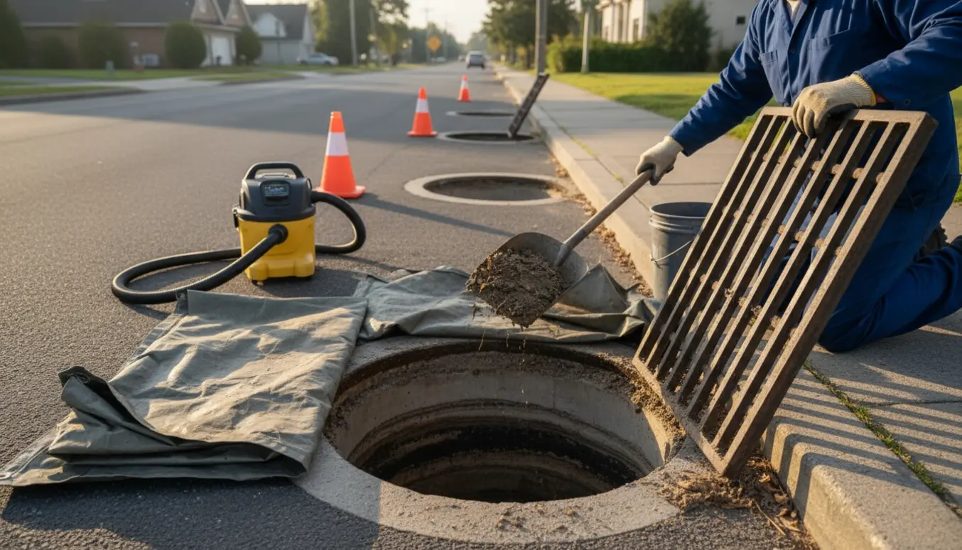 En arbejder renser åbne nedløbsbrønde/sandfang ved fortovet med skovl og spand.