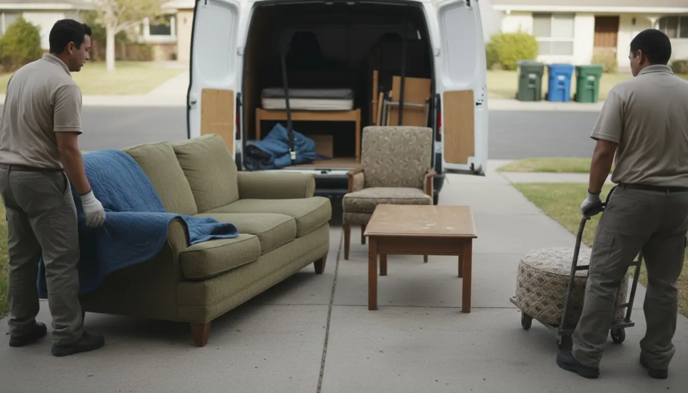 En 3-personers sofa, sofabord, lænestol og puf løftes ind i en varebil klar til afhentning og kørsel til affaldsstation.