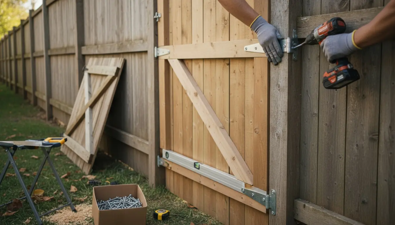 Nærbillede af hænder, der monterer en ny trædør på et hegn med boremaskine og værktøj i baggrunden.
