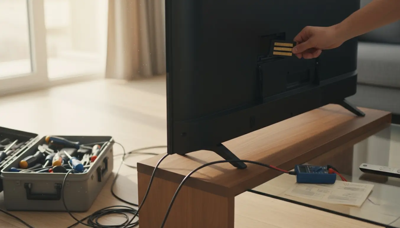 Hænder indsætter et programkort i bagsiden af et tv med kabler og værktøj omkring.