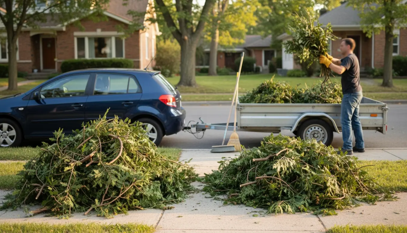 Bil med trailer og en havehjælper set bagfra læsser afklip fra beskårne Hemlock-træer ved fortovet.