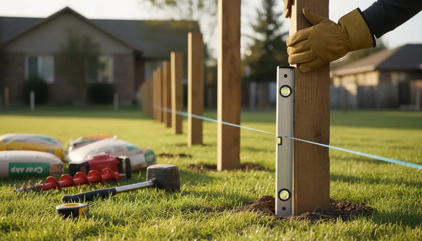 Håndværker sætter et træhegn op med stolper, snor og værktøj rundt om en grund.