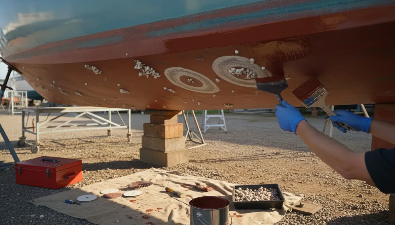 Motorbåd hævet på støtteben mens bundmaling påføres med skraber, pensel og åben dåse i forgrunden.