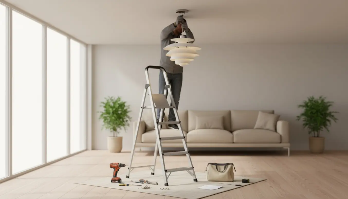 Person på stige hænger en PH Kogle-lampe op i en lys stue med værktøj klar.