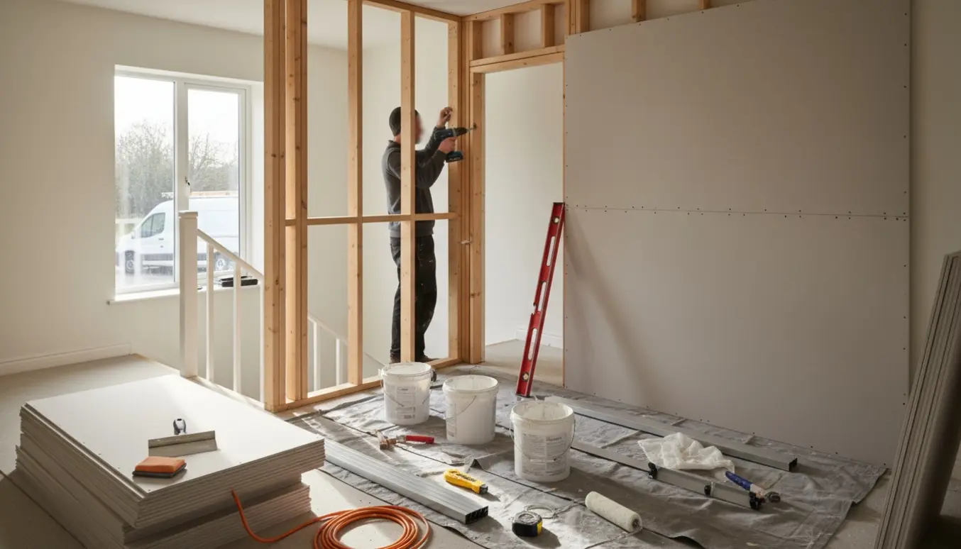 Håndværker sætter gipsplade op for at udvide en halvmur til en væg med dør, omgivet af værktøj og malermaterialer.