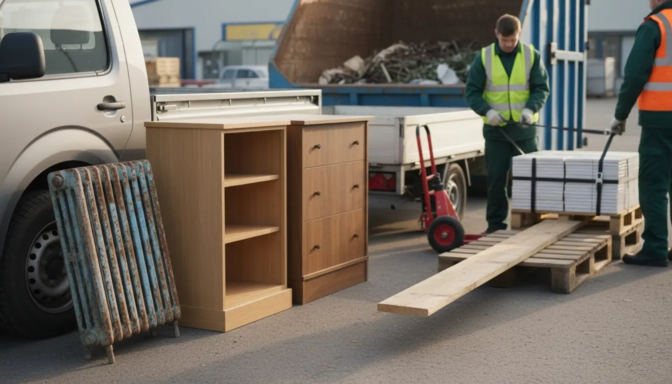 Trailer og varebil ved en genbrugsstation med en radiator, to kommoder, stablede klinker og en lang palle klar til aflevering.