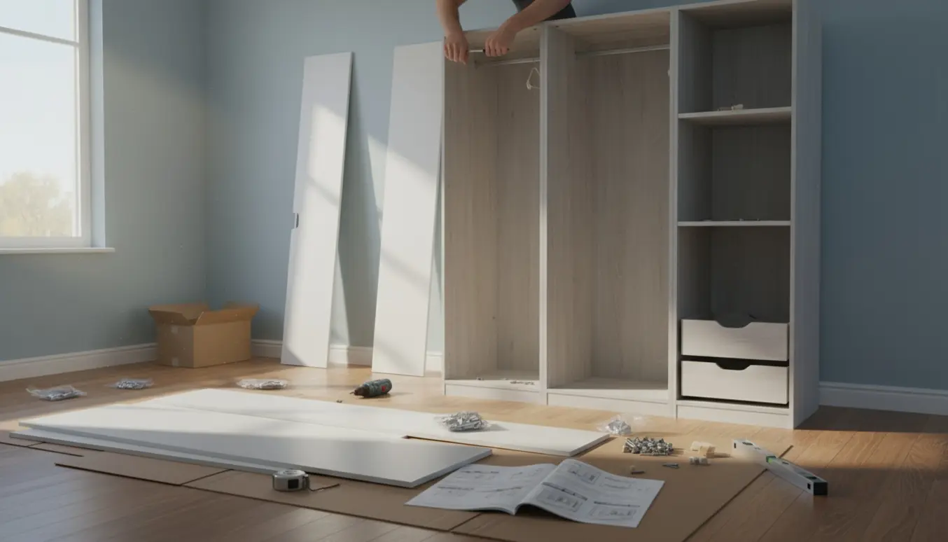 Hænder samler et stort modulært skab i et lyst soveværelse med paneler og værktøj spredt på gulvet.