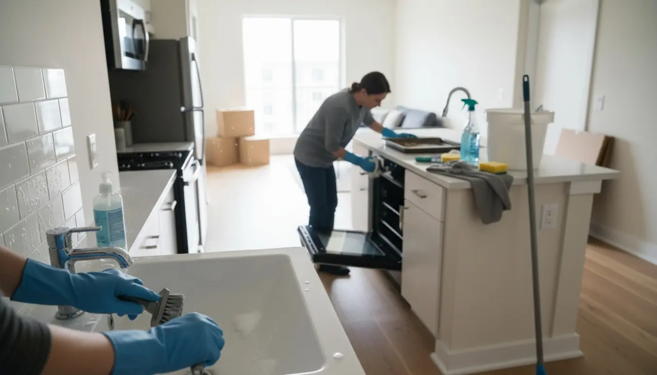 Handsker skrubber kalk af en håndvask i en lys to-værelses lejlighed med åben ovn og rengøringsudstyr i baggrunden.