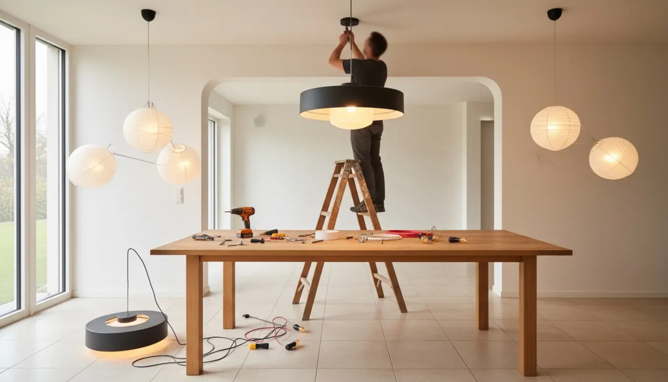 Håndværker monterer en loftslampe over spisebordet, med to rispapirlamper i tilstødende værelser.