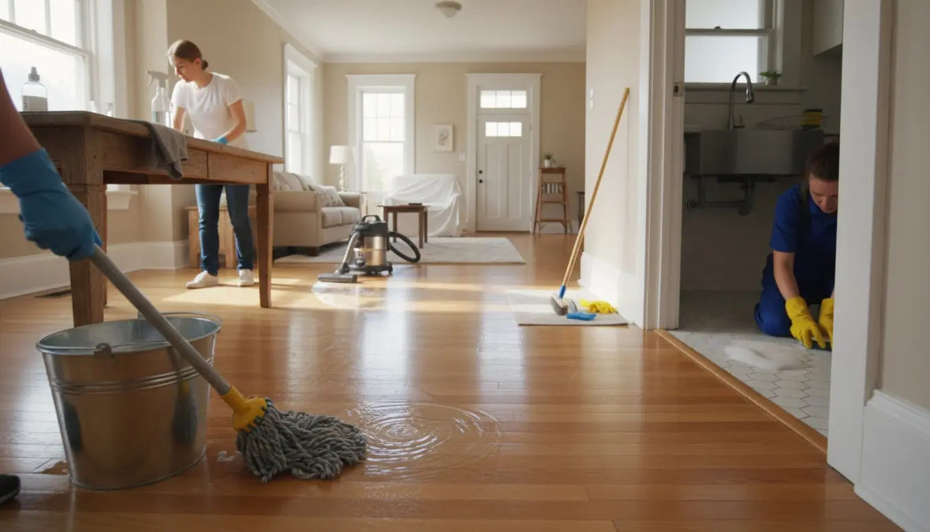 Hovedrengøring på stueplan i et ældre hus med moppe, spand, støvsuger og klude, ingen tydelige ansigter.