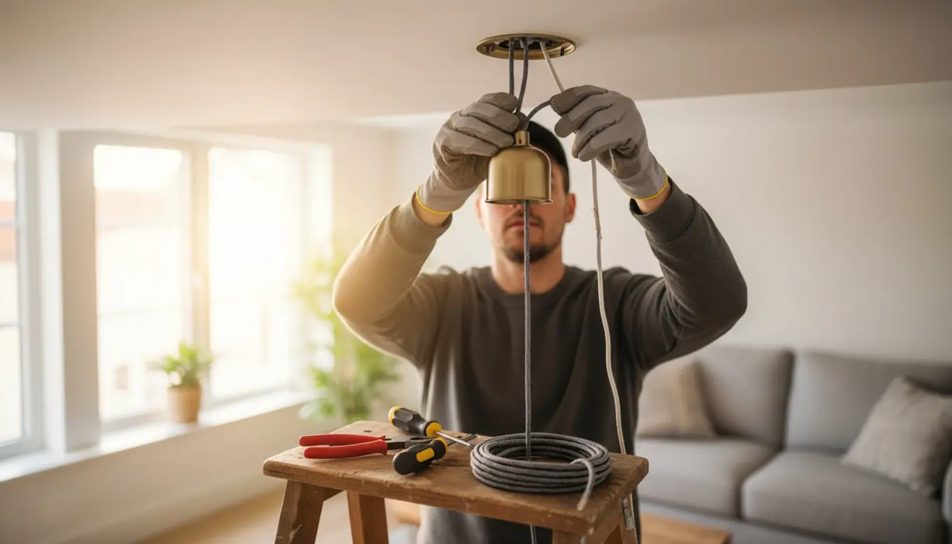 Hængende loftslampe får ny ledning, hænder med handsker arbejder på lampens fatning fra en stige.