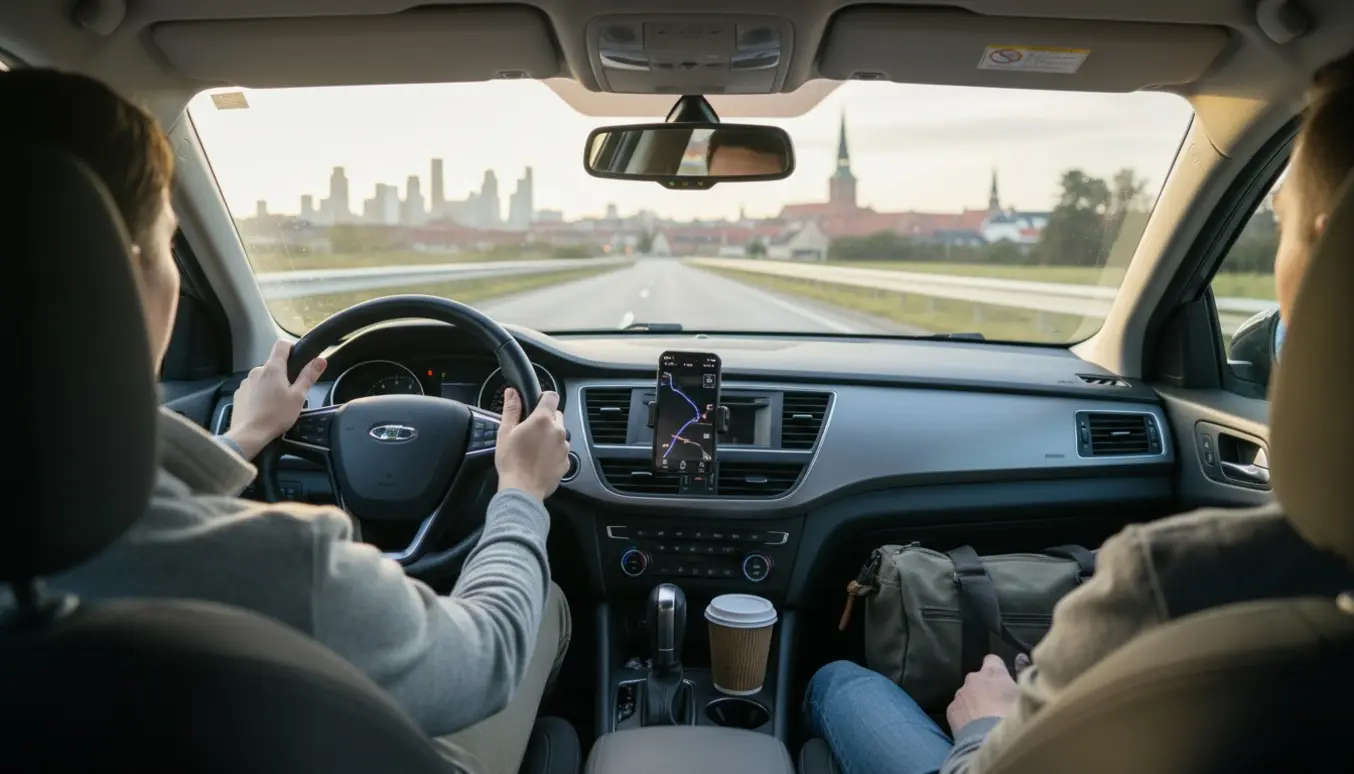 Indefra-billede af to personer i en bil på vej fra København mod Odense i klart formiddagslys.