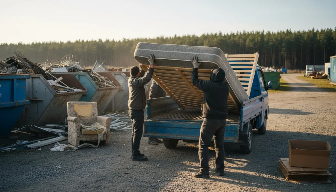 Halvandenmands seng læsses på en pickup ved en genbrugsplads, uden tydelige ansigter.