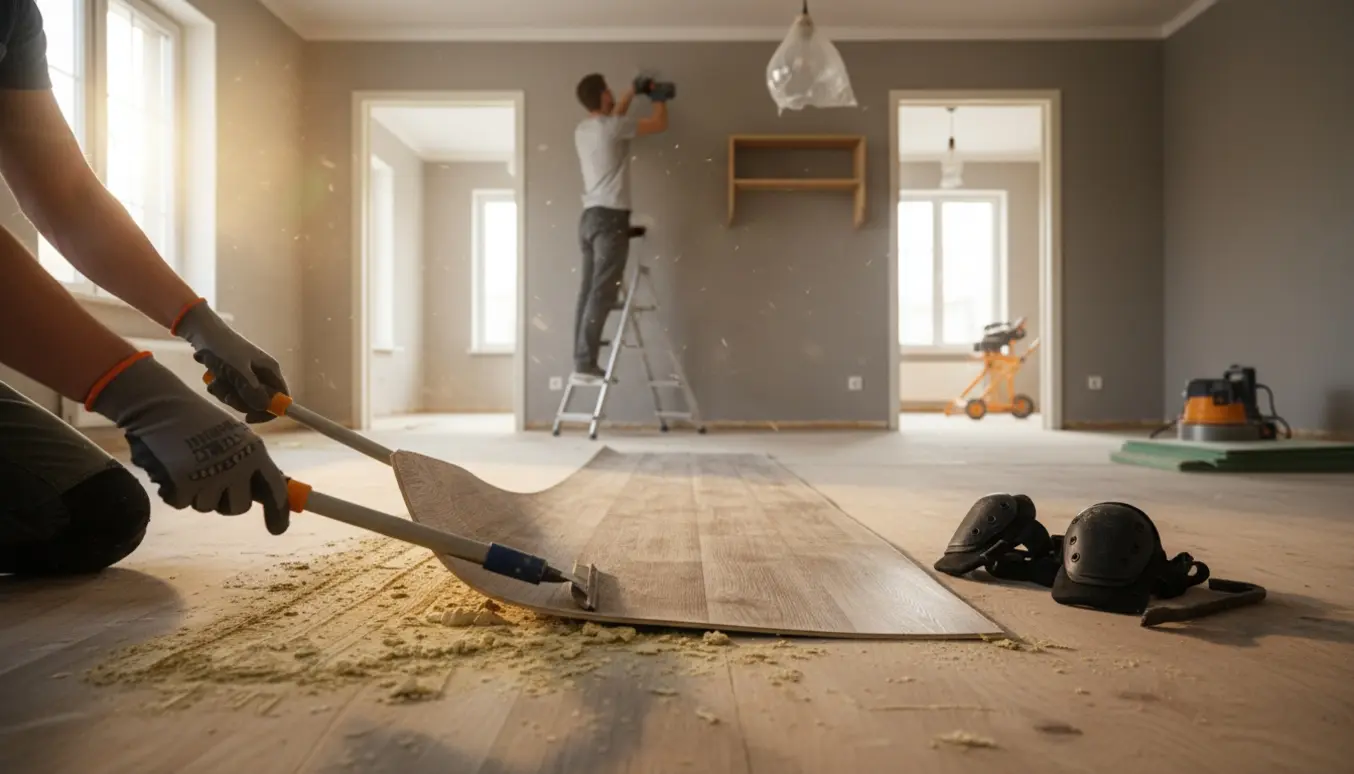 Lejlighed under renovering med værktøj og håndværkere, der fjerner vinylgulv og tager hylder ned.