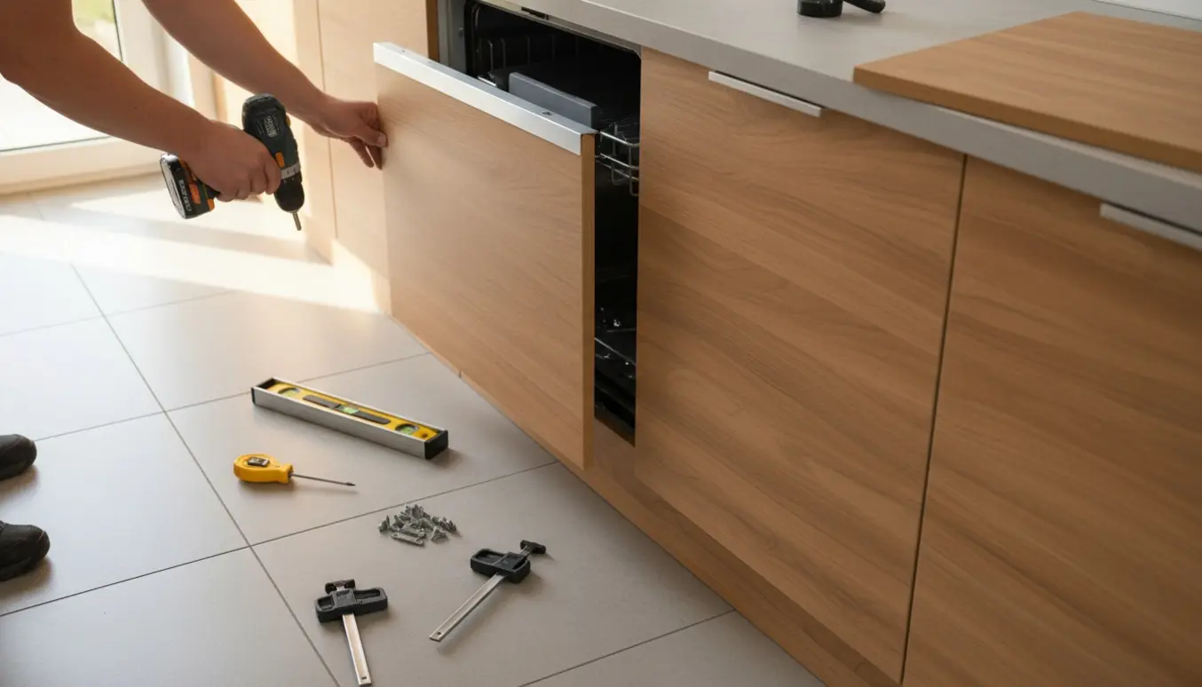 Hænder monterer køkkensokkel og holder en ny opvaskemaskinelåge på plads i et lyst, nyrenoveret køkken.