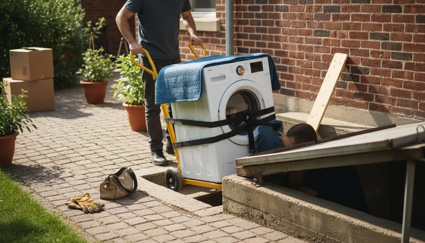 To personer bærer en vaskemaskine på en dolly ned ad en kældertrappe fra en gårdhave.
