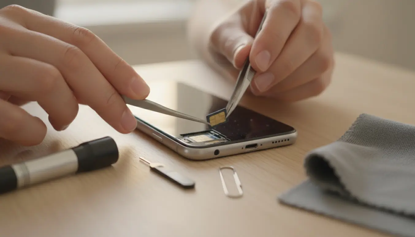 Nærbillede af hænder, der fjerner et fastklemt SIM-kort fra en smartphone med små værktøjer på et træbord.