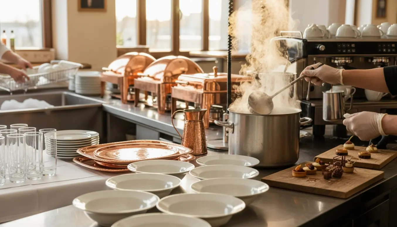 Hænder i forklæder anretter suppe, dessert, brygger kaffe og fylder vandkaraffer til en kobberbryllupsfest.