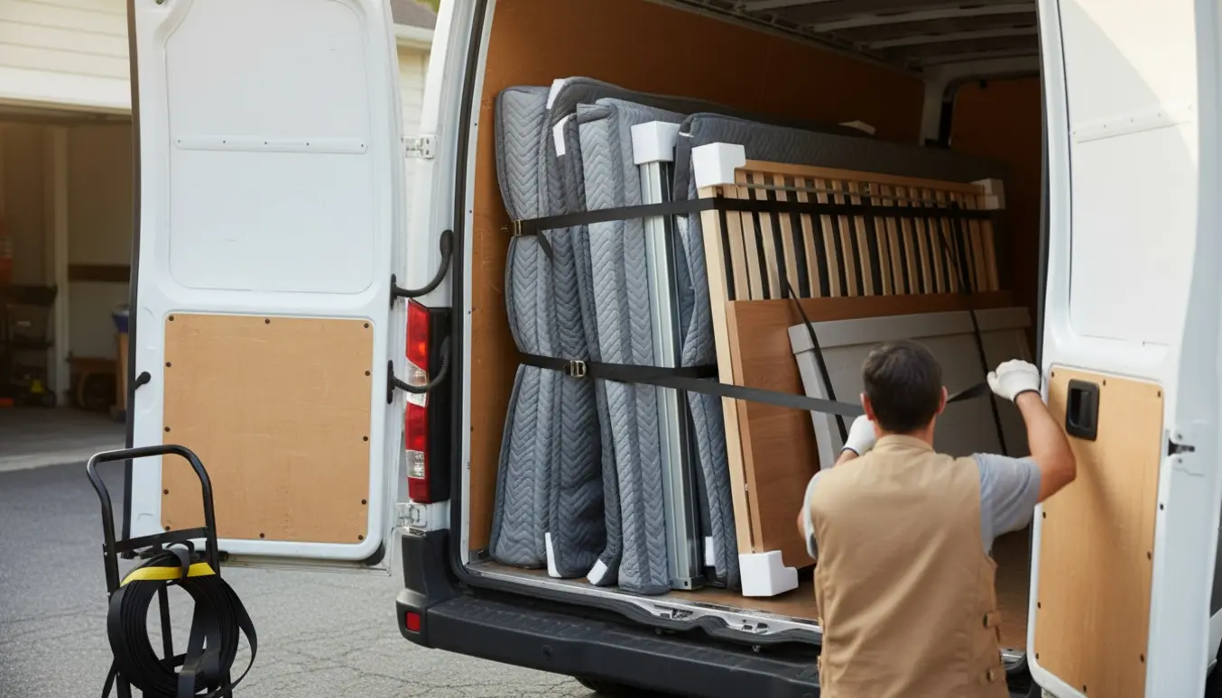 Adskilt sengestel stablet og fastgjort i en ubemærket flyttevogn, klar til transport.