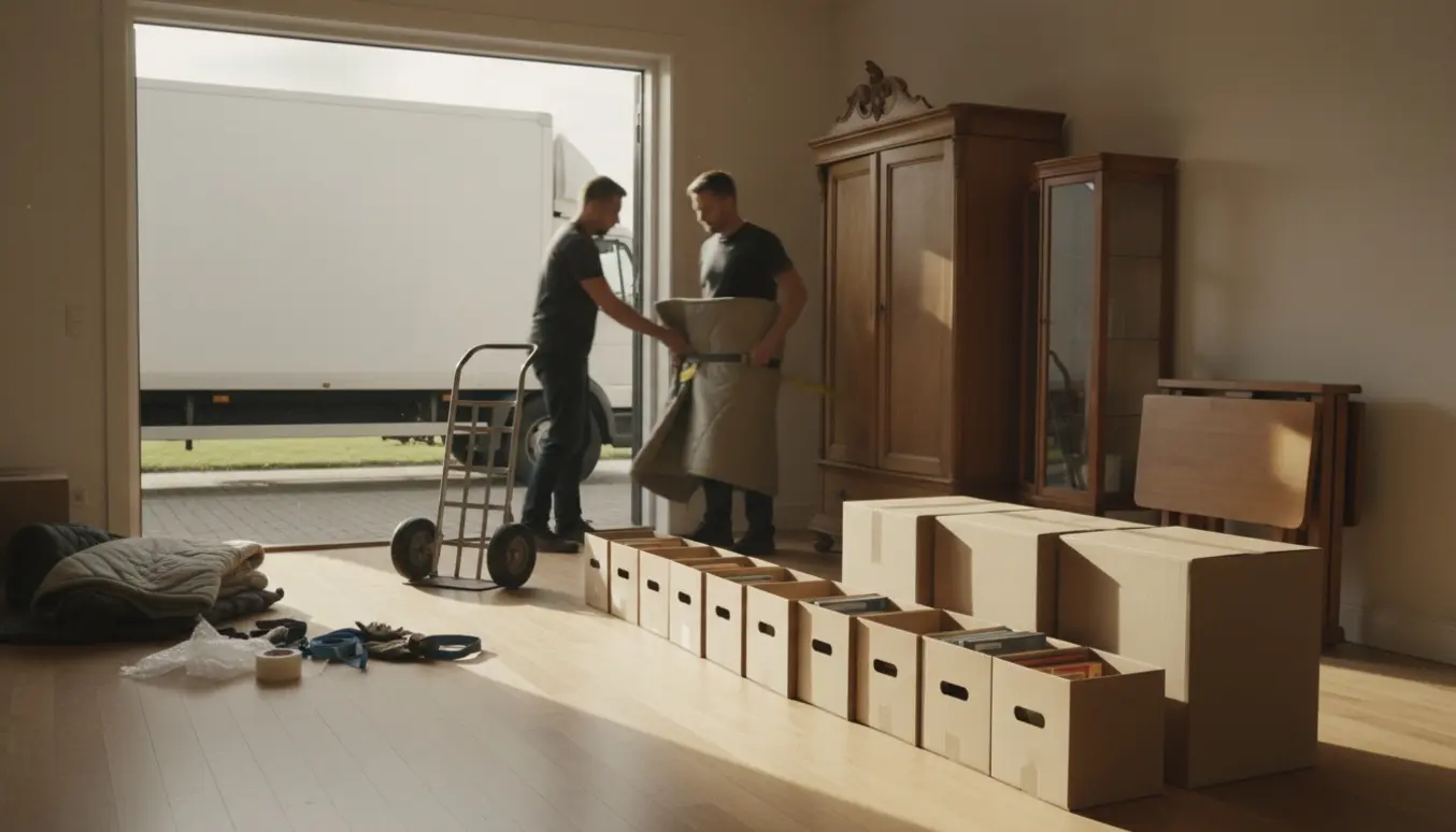 Flyttekasser og møbler (karlekammerskab, vitrineskab og spillebord) samlet i stuen klar til flytning.