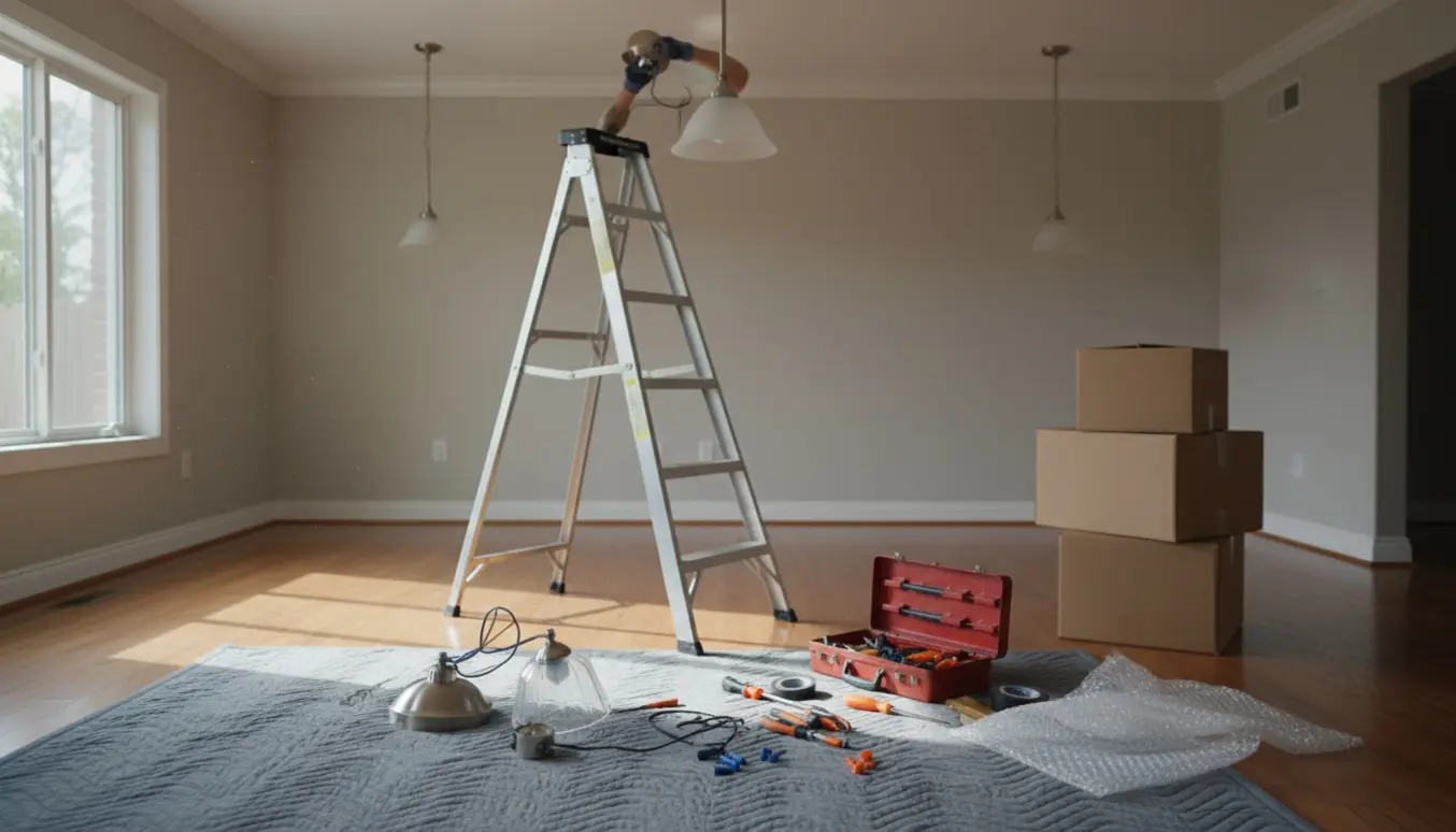 Nedtagning af loftslamper i et rum under flytning med stige, værktøj og nedtagne lamper på gulvet.