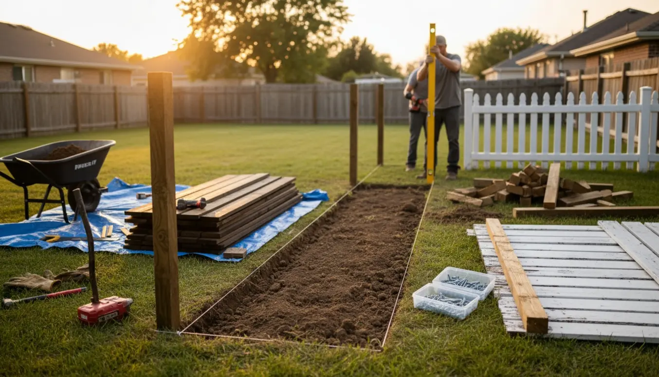 Nyt træhegn forberedes med stabler af paneler, værktøj og en delvist nedtaget hvidt hegn i en baghave.