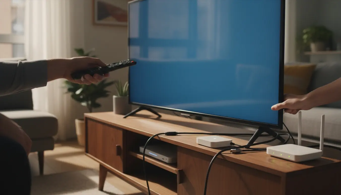 Hænder med fjernbetjening og kabler tjekker et fjernsyn med tom skærm i en stue.