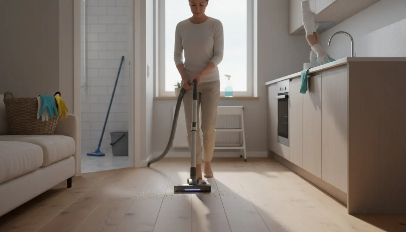 Person støvsuger stuegulvet i en lys lejlighed med åbent badeværelse og rengøringsudstyr i baggrunden.