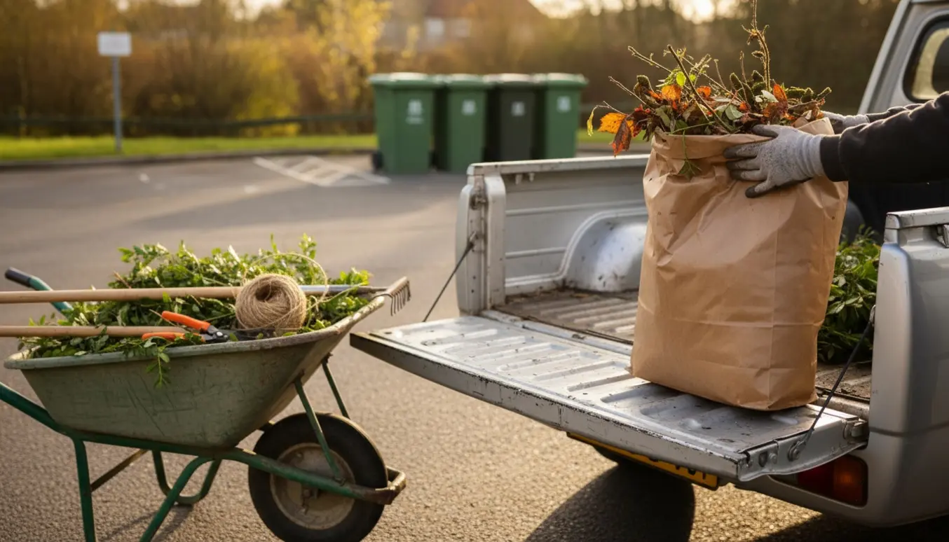 Haveaffald i papirsække og en trillebør læsses i bilen med en genbrugsplads sløret i baggrunden.