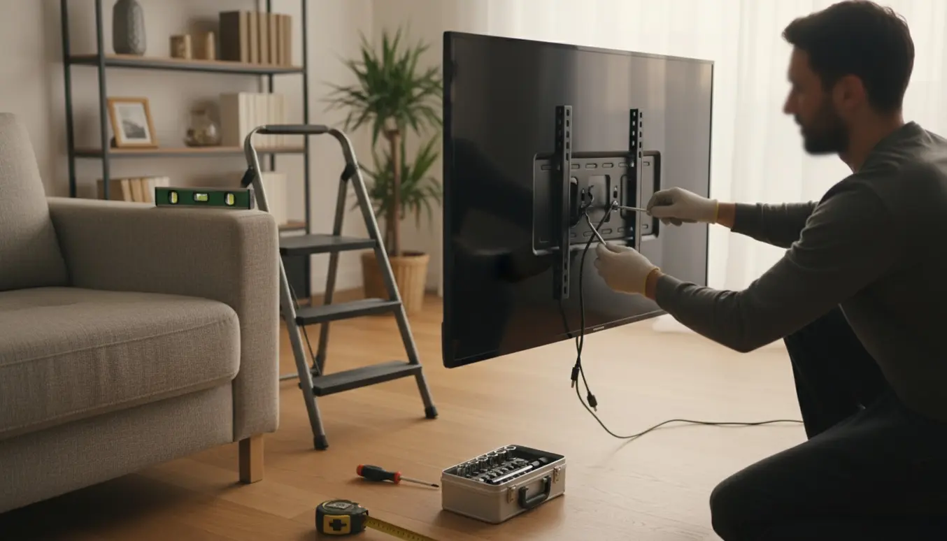 Hænder sænker en vægmonteret TV en smule i en lys stue med værktøj på gulvet.