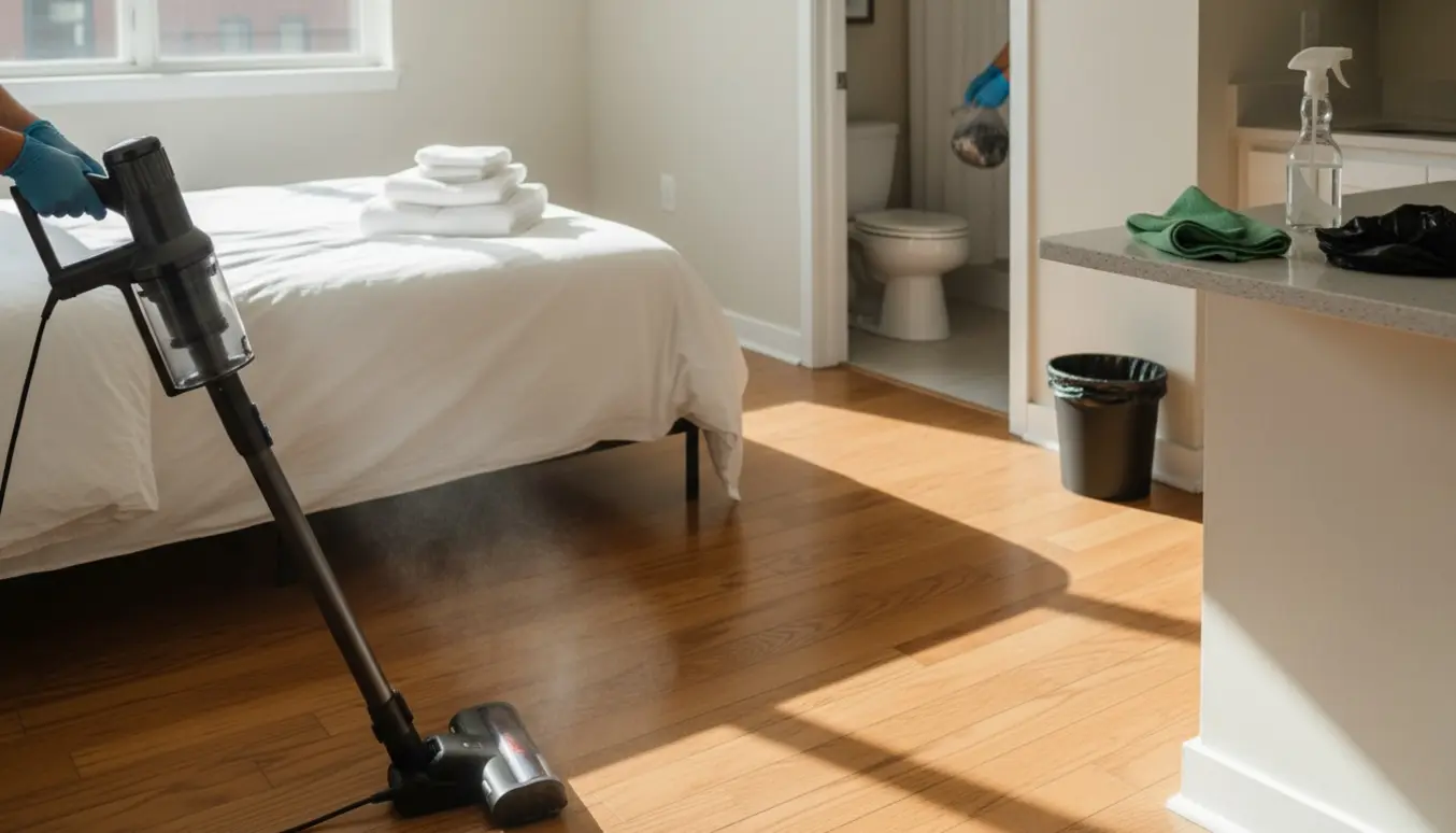 Soloplyst lejlighed under rengøring med støvsuger, nyrent sengetøj, sammenlagte håndklæder og et rent toilet.