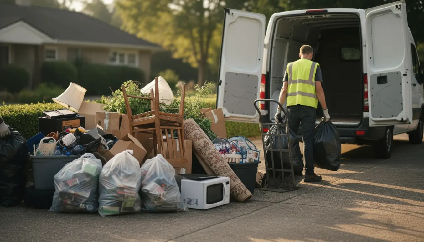 Plastiksække og løst affald ved en åben varevogn klar til afhentning til genbrugspladsen.