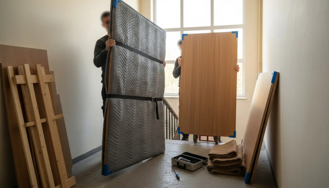 To personer bærer adskilte garderobepaneler gennem en opgang, pakket ind i flyttetæpper og med værktøj ved siden af.