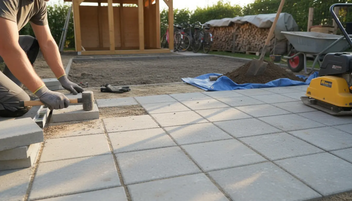 Delvist færdiglagt flisebelægning ved skur/carport med værktøj, skovlet jord og trillebør klar til bortkørsel.