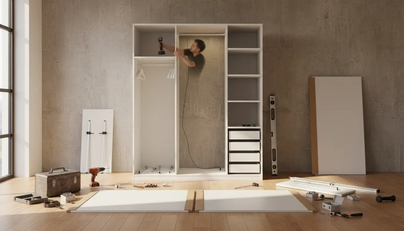 Delvist samlet PAX-garderobeskab mod betonvæg med værktøj og indbygget lys under montering.